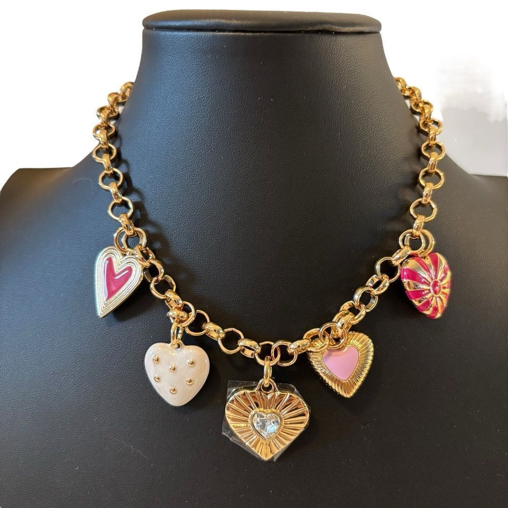 House of Harlow Gold Tone Heart Charm Necklace w/ Pink, Red & White Accents.